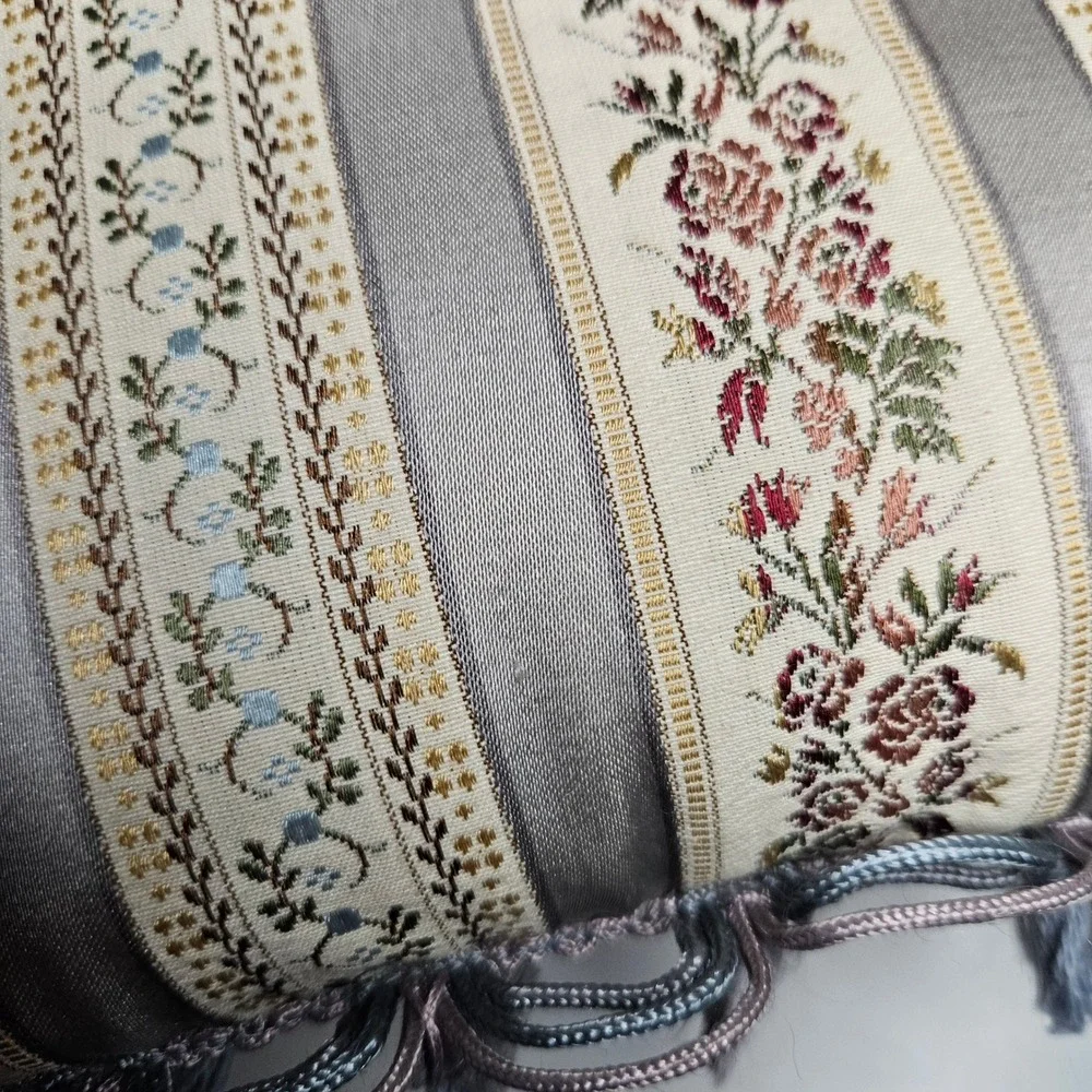 Vintage Floral Tapestry Accent Pillow Striped Tassel Trim Grey Cream 12x8